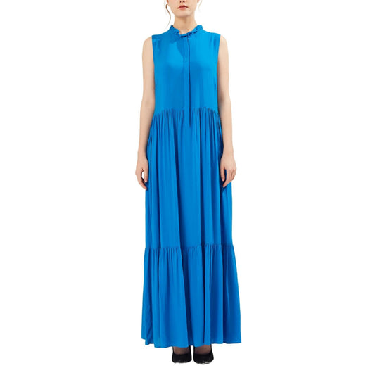 SANDY & SID Women Shirt Dress Sleeveless Hidden Button Closure Ruffle Collar Loose Fit Ankle Length Casual Summer Fall Outfit Blue