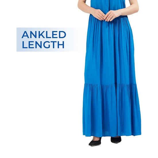 SANDY & SID Women Shirt Dress Sleeveless Hidden Button Closure Ruffle Collar Loose Fit Ankle Length Casual Summer Fall Outfit Blue