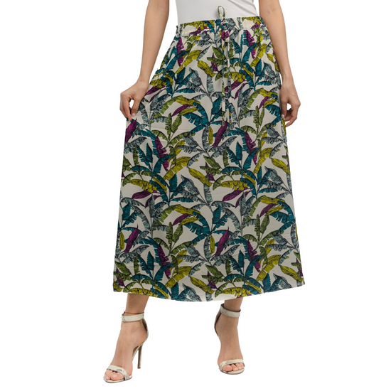 Women's Drawstring Tropical Printed Midi Skirt for Summer Business Casual
