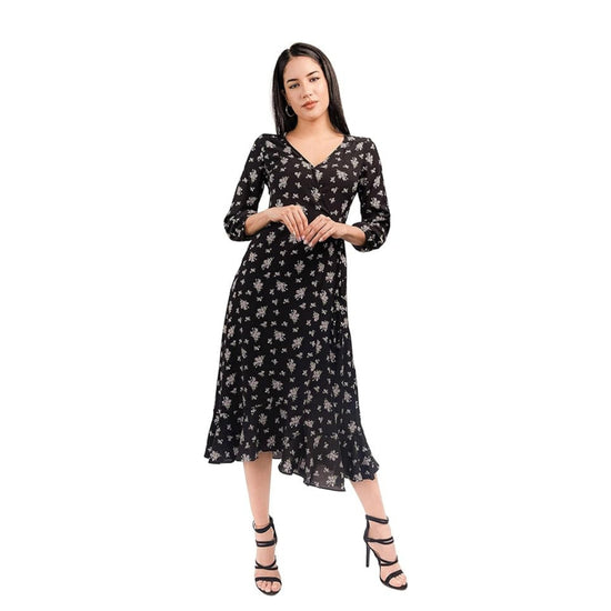 SANDY & SID Women's 2023 Long Sleeve Midi Summer Dress with Side Slit with Flower Prints, Sexy V Neck Womens Dresses
