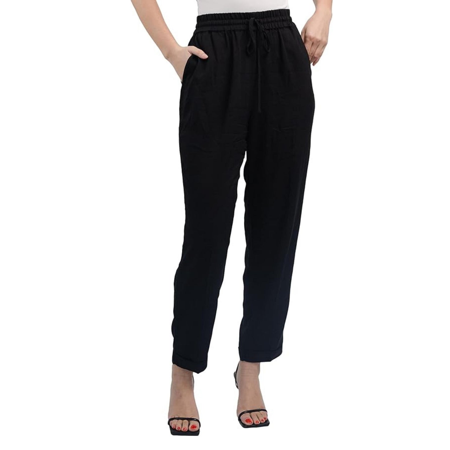 Women's Elastic Waist Ankled Pants Summer Casual High Waisted Stylish Straight Leg Pants for Work Office Business