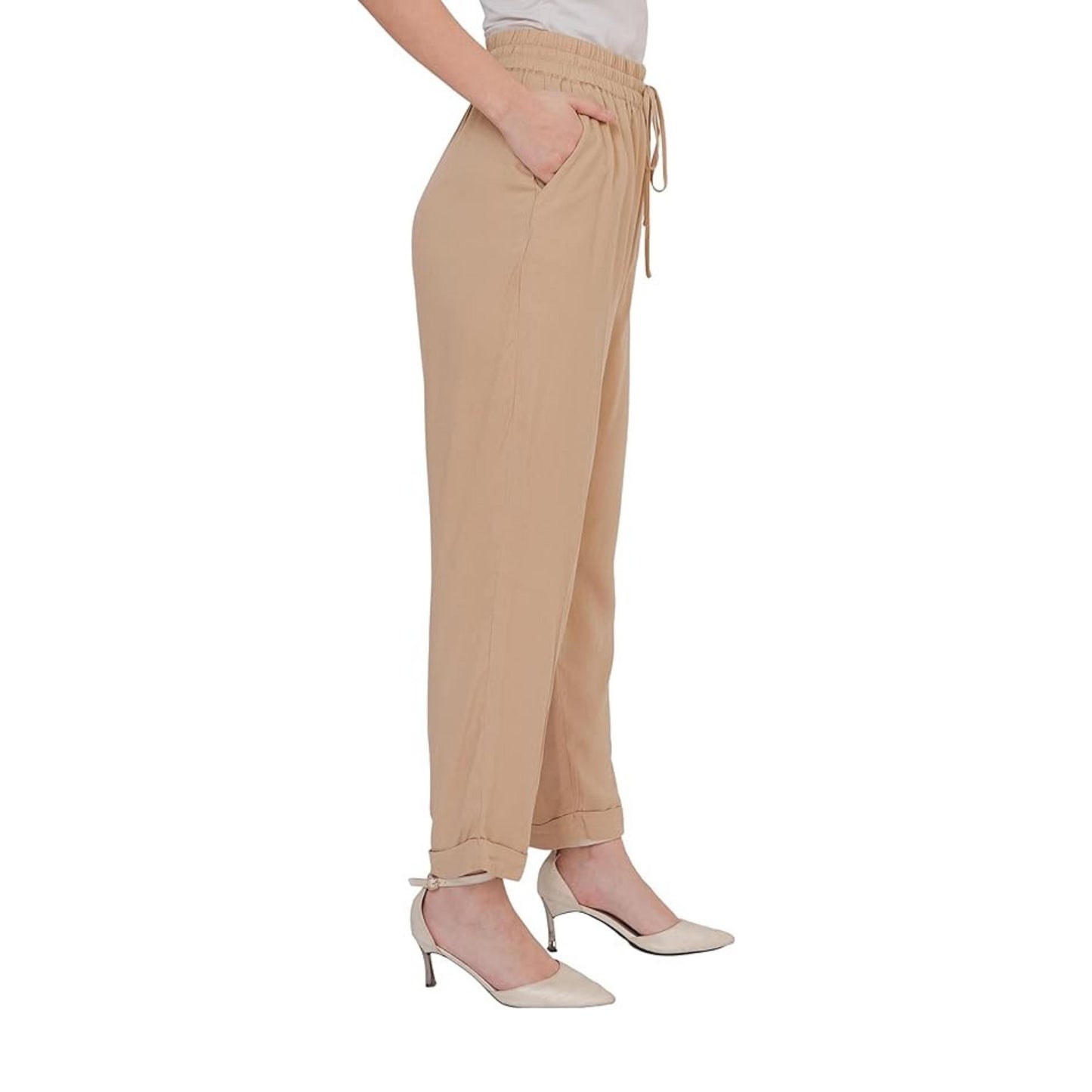 Women's Elastic Waist Ankled Pants Summer Casual High Waisted Stylish Straight Leg Pants for Work Office Business