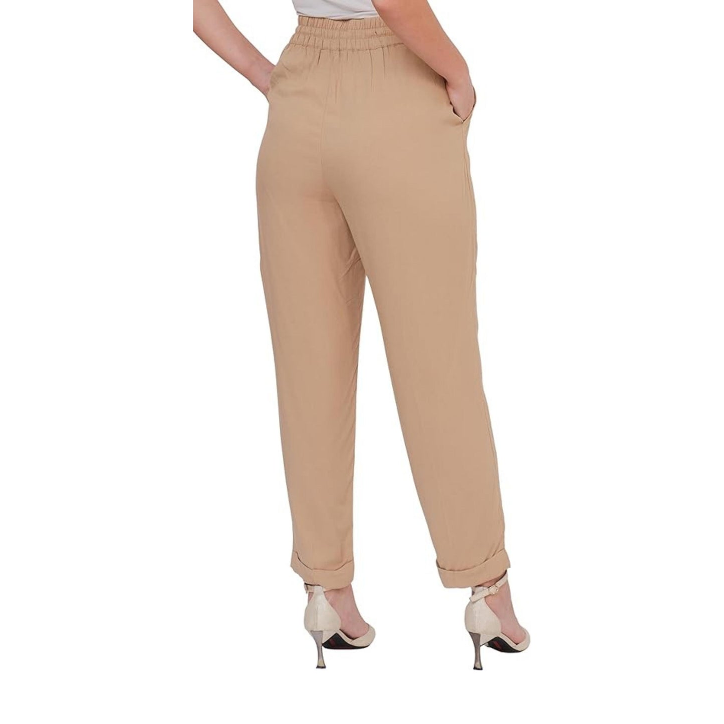 Women's Elastic Waist Ankled Pants Summer Casual High Waisted Stylish Straight Leg Pants for Work Office Business