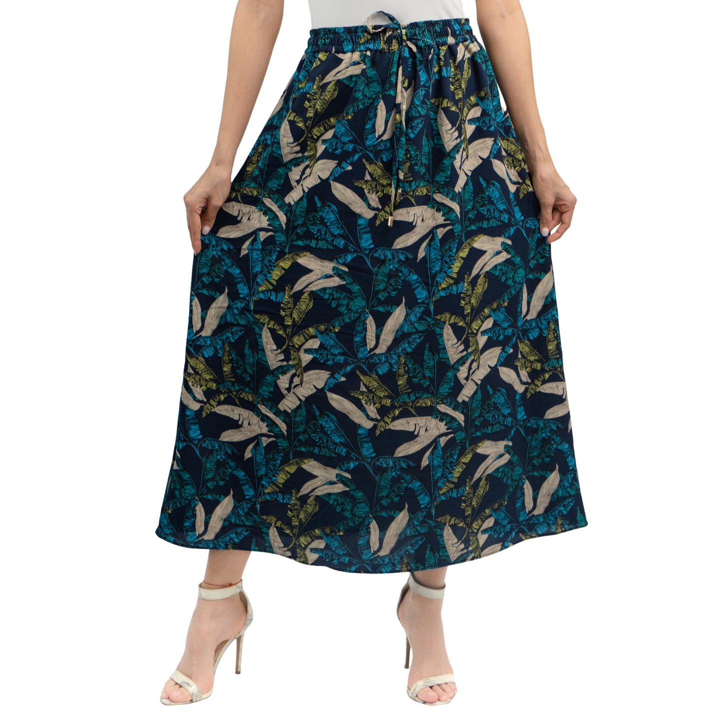 Women's Drawstring Tropical Printed Midi Skirt for Summer Business Casual