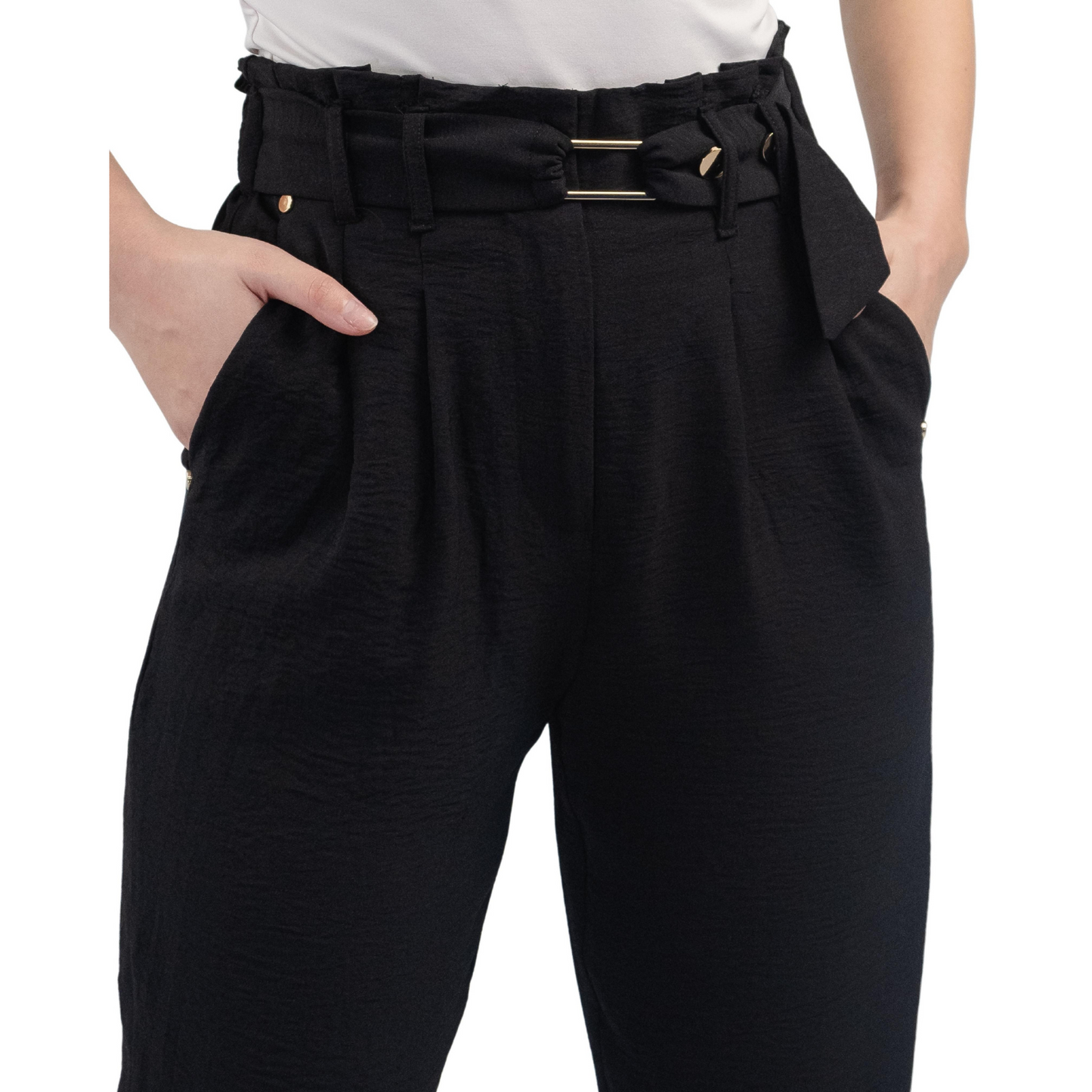 Women's Paper Bag Slim Fit Ankled Work Pants, High Waist Deep Pockets