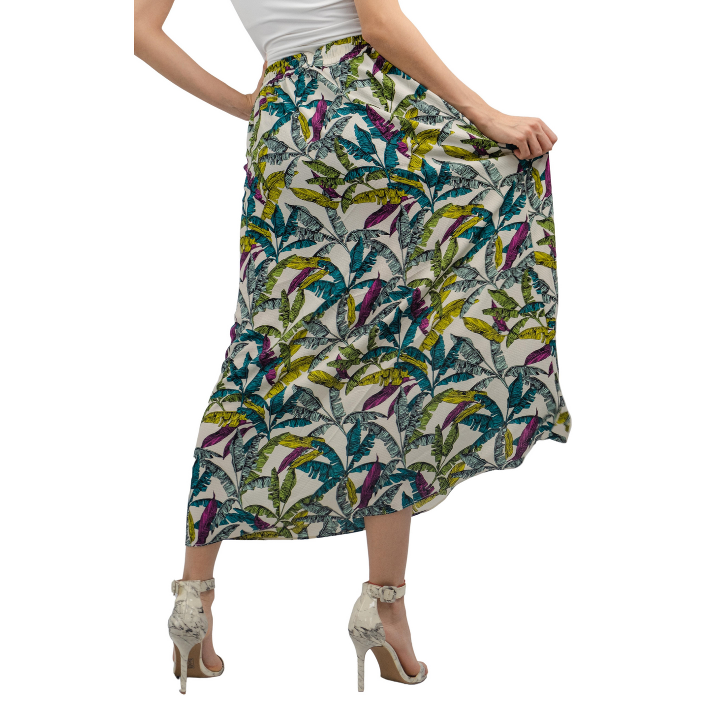 Women's Drawstring Tropical Printed Midi Skirt for Summer Business Casual