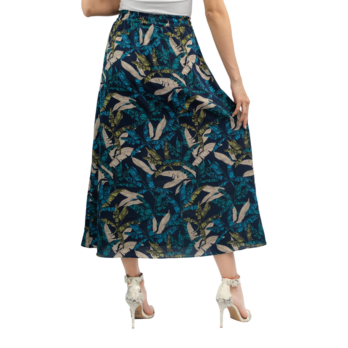 Women's Drawstring Tropical Printed Midi Skirt for Summer Business Casual