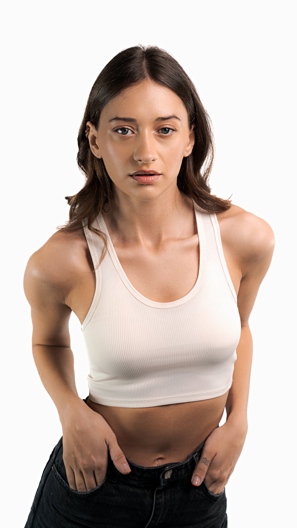 Check styling ideas for「Ribbed Racer Back Cropped Tank Top